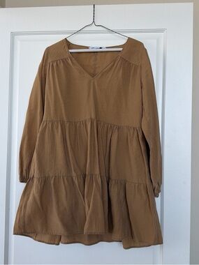 Zara Brown Tiered V-Neck Long Sleeve Dress
